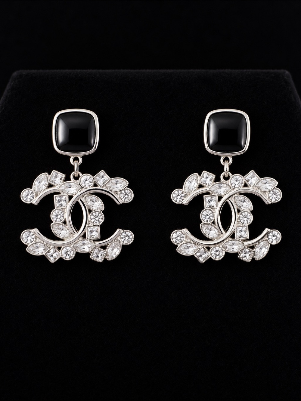 CHANEL Black and Clear Crystal Interlocking CC Drop Earrings